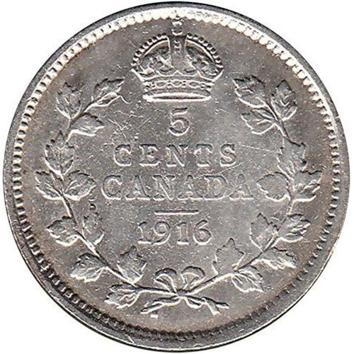 1916 Canadian 5-Cent Small Silver Coin (F+)