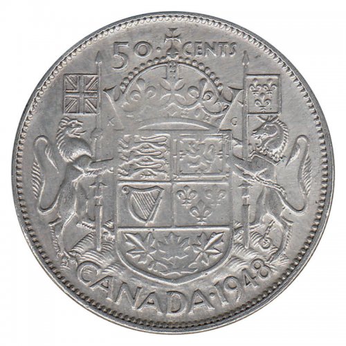 1948 Canadian 50-cent Coat Of Arms Silver Half Dollar Coin (vf)