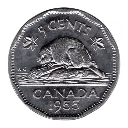 1955 Canadian 5-Cent Beaver Nickel Coin (Uncirculated)