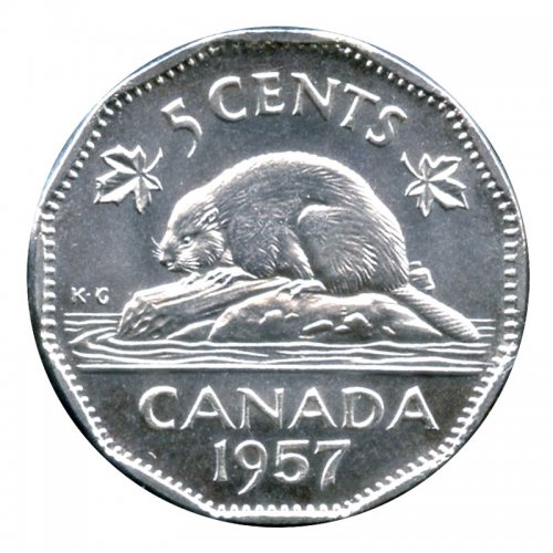 1957 Canadian 5-Cent Beaver Nickel Coin (Brilliant Uncirculated)