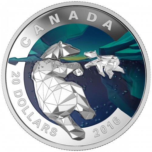 2016 Canadian $20 Geometry in Art: Polar Bear 1 oz Fine Silver Coloured ...