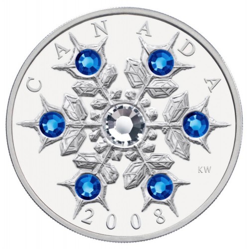 2008 Canadian $20 Sapphire Crystal Snowflake 1 oz Fine Silver Coin