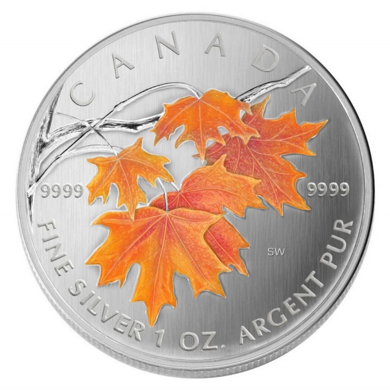 07 Canadian 5 Coloured Silver Maple Leaf Sugar Maple In Orange 1 Oz Fine Silver Coin