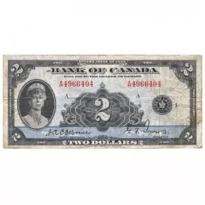 1935 Bank of Canada $2 Queen Mary French Series F Bill Note (VG+) 1935 Bank of Canada $2 Queen Mary French Series F Bill Note (VG+)