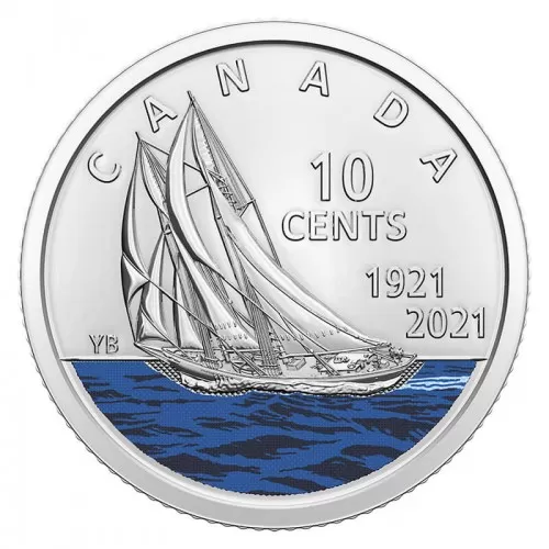 2021 (1921-) Canadian 10-Cent Bluenose Schooner 100th Anniv Coloured Dime Coin