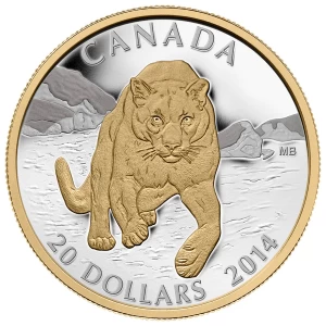 2014 Canadian $20 Cougar: Pouncing in the Snow - 1 oz Fine Silver & Gold-plated Coin 2014 Canadian $20 Cougar: Pouncing in the Snow - 1 oz Fine Silver & Gold-plated Coin