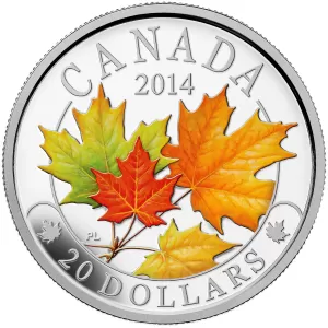 2014 Canadian $20 Majestic Maple Leaves With Colour - 1 oz Fine Silver Coloured Coin - Coin in Capsule - COA Only 2014 Canadian $20 Majestic Maple Leaves With Colour - 1 oz Fine Silver Coloured Coin - Coin in Capsule - COA Only
