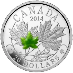 2014 Canadian $20 Majestic Maple Leaves with Jade - 1 oz Fine Silver Coin - Coin In Capsule - COA Only 2014 Canadian $20 Majestic Maple Leaves with Jade - 1 oz Fine Silver Coin - Coin In Capsule - COA Only