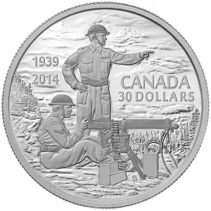 2014 Canadian $30 Canadian Machine Gunner in Training - 75th Anniversary of the Declaration of the Second World War - 2 oz Fine Silver Coin - Lightly Tarnished 2014 Canadian $30 Canadian Machine Gunner in Training - 75th Anniversary of the Declaration of the Second World War - 2 oz Fine Silver Coin - Lightly Tarnished