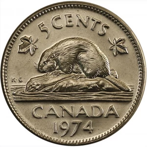 1974 Canadian 5-Cent Beaver Nickel Coin (Brilliant Uncirculated) 1974 Canadian 5-Cent Beaver Nickel Coin (Brilliant Uncirculated)