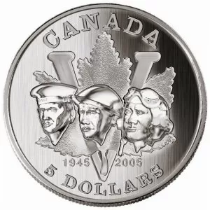 2005 (1945-) Canadian $5 60th Anniversary of the End of World War II - 1 oz Fine Silver Coin - Only Coin In Capsule 2005 (1945-) Canadian $5 60th Anniversary of the End of World War II - 1 oz Fine Silver Coin - Only Coin In Capsule
