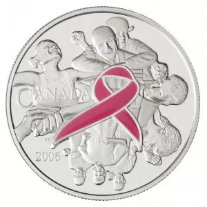 2006 Canadian $5 Pink Ribbon/Breast Cancer Awareness Enamel-Effect Silver Coin 2006 Canadian $5 Pink Ribbon/Breast Cancer Awareness Enamel-Effect Silver Coin