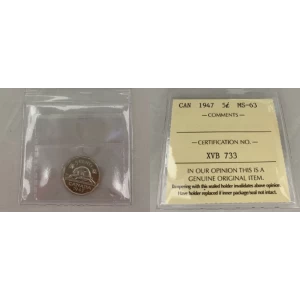 1947 Canadian 5-Cent Beaver Nickel Coin ICCS Graded MS-63 1947 Canadian 5-Cent Beaver Nickel Coin ICCS Graded MS-63