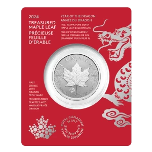 2024 Canadian $5 Treasured Silver Maple Leaf First Strikes: Year of the Dragon Privy Mark - 1 oz Fine Silver Bullion Coin 2024 Canadian $5 Treasured Silver Maple Leaf First Strikes: Year of the Dragon Privy Mark - 1 oz Fine Silver Bullion Coin