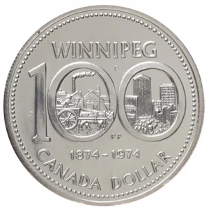 1974 (1874-) Canadian $1 Winnipeg Centennial Specimen Silver Dollar Coin 1974 (1874-) Canadian $1 Winnipeg Centennial Specimen Silver Dollar Coin