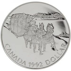 1992 Canadian $1 Kingston to York Stagecoach Proof Silver Dollar Coin 1992 Canadian $1 Kingston to York Stagecoach Proof Silver Dollar Coin